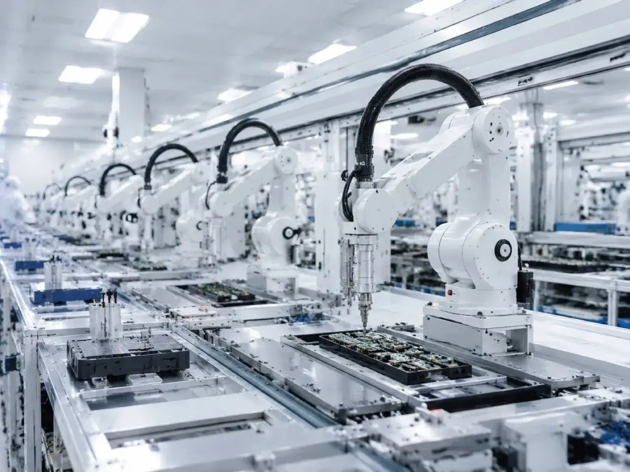 Linia produkcyjna z rzędami białych robotów SCARA precyzyjnie montujących komponenty elektroniczne.