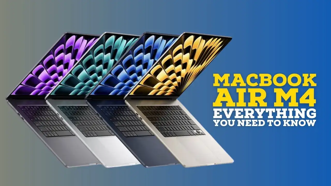 Cuatro MacBook Air M4 en distintos colores, con pantallas vibrantes y el texto