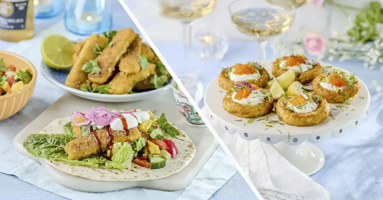 Friterade fiskpinnar i tortilla med salsa och sm&aring; snittar med rom och gr&auml;ddfil. Enkel halvfabrikat mat f&ouml;r fest.