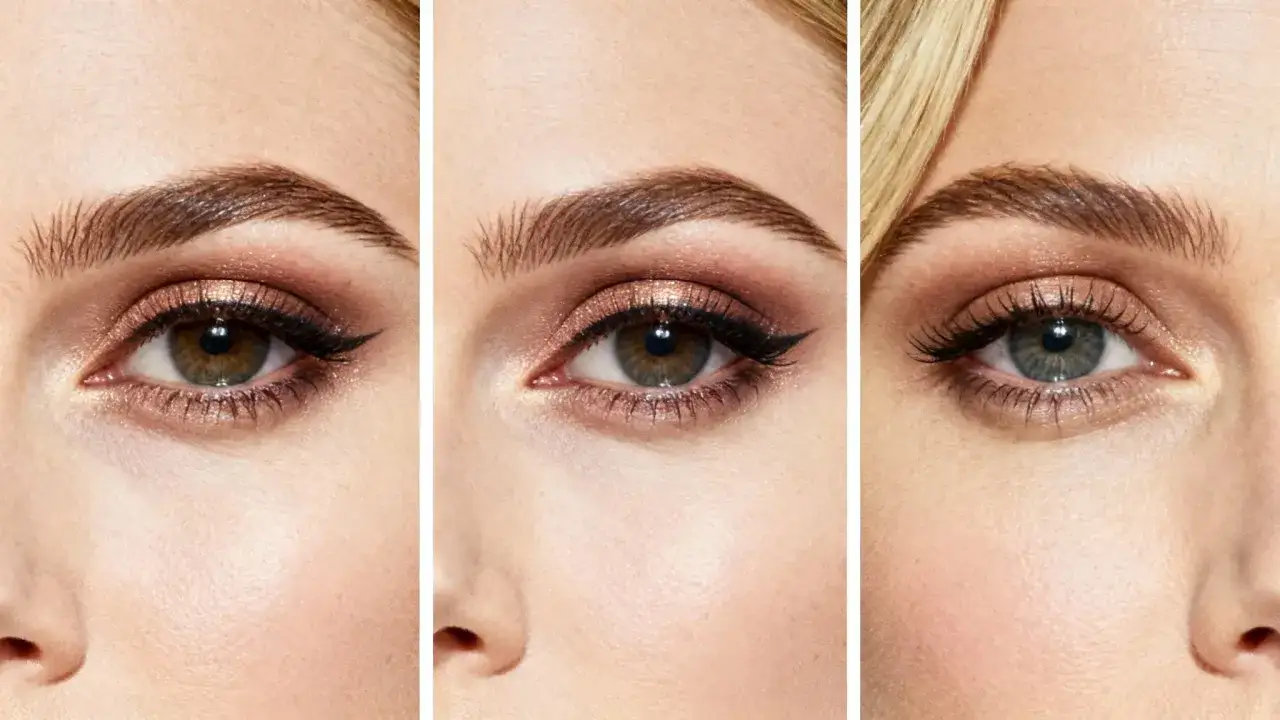 Trzy zbliżenia na oczy z makijażem. Widać głęboko osadzone oczy, podkreślone kreską i cieniem.