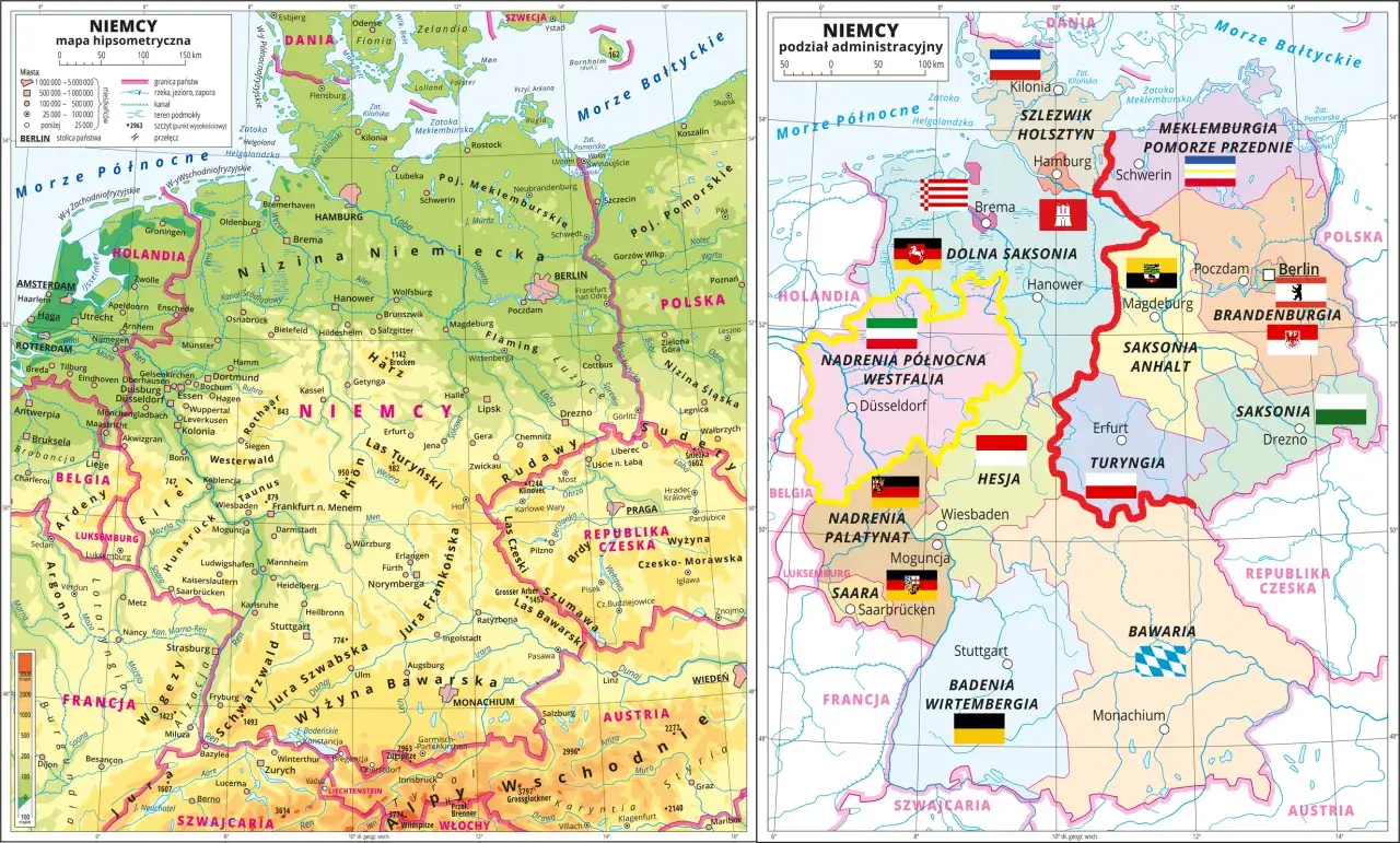 Mapa Niemiec z zaznaczonymi granicami państw. Ile Niemcy mają sąsiadów? Zobacz na mapie: Danię, Polskę, Czechy, Austrię, Szwajcarię, Francję, Luksemburg, Belgię i Holandię.