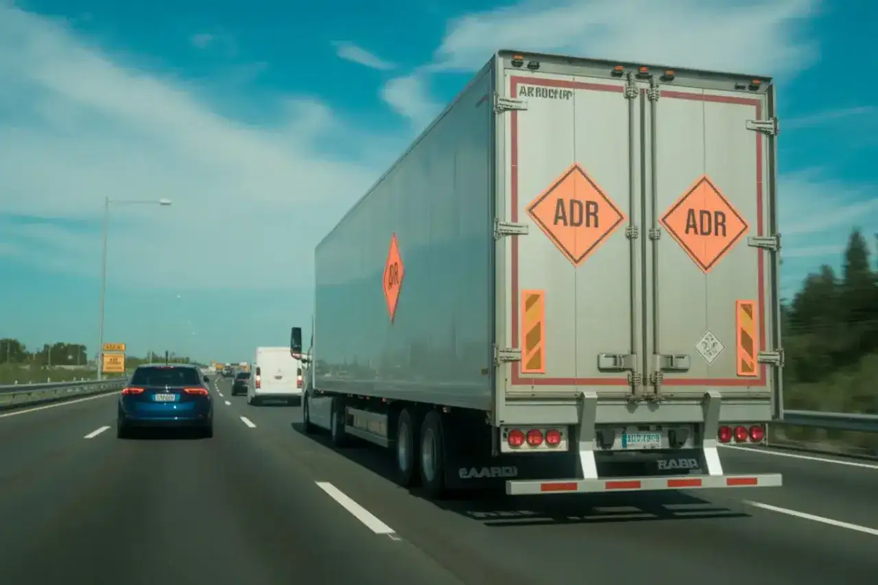 Un camion ADR roule sur l'autoroute, transportant des marchandises dangereuses. Les panneaux orange sur le v&eacute;hicule indiquent sa nature.