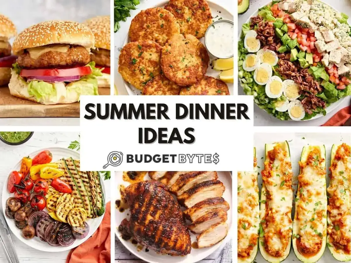 Leichte Sommergerichte: Burger, gegrilltes Gemüse, Salat und gefüllte Zucchini. Perfekt für warme Abende!