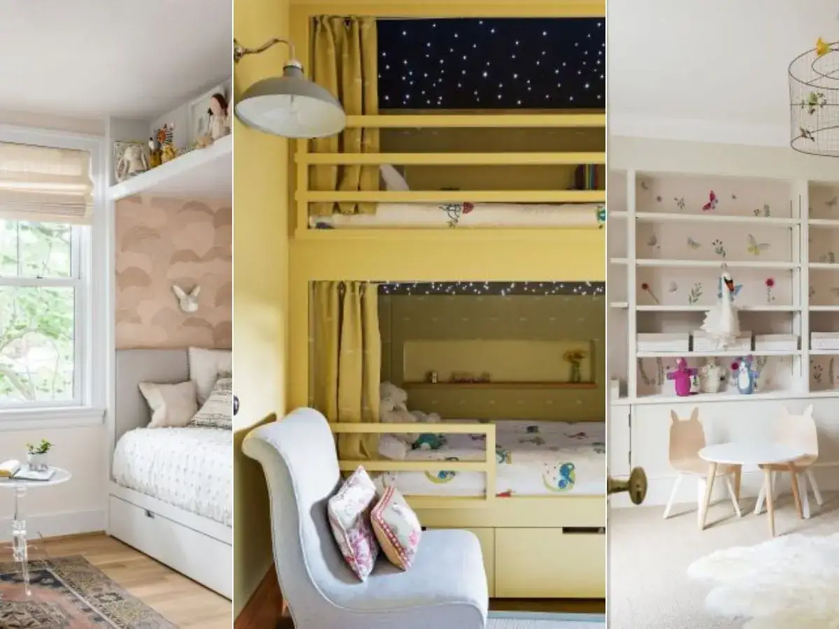 Drei helle Kinderzimmer: ein gemütliches Bett, ein gelbes Hochbett mit Sternenhimmel und ein Regal voller Spielzeug. Perfekt für jedes Grundschulkind.