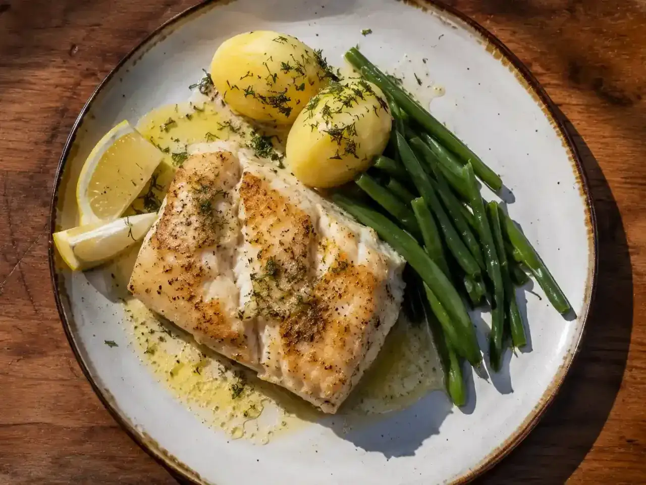 En tallrik med saftig torskrygg, kokt potatis, gröna bönor och citronklyftor. Ett perfekt torskrygg recept för en lätt och god middag.