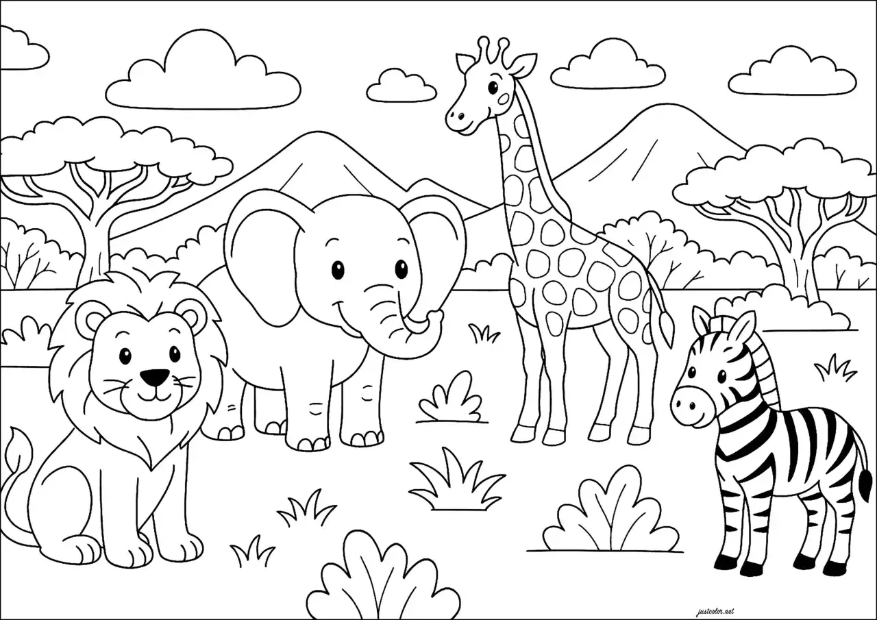 Un león, un elefante, una jirafa y una cebra para colorear en un paisaje africano con árboles y montañas.