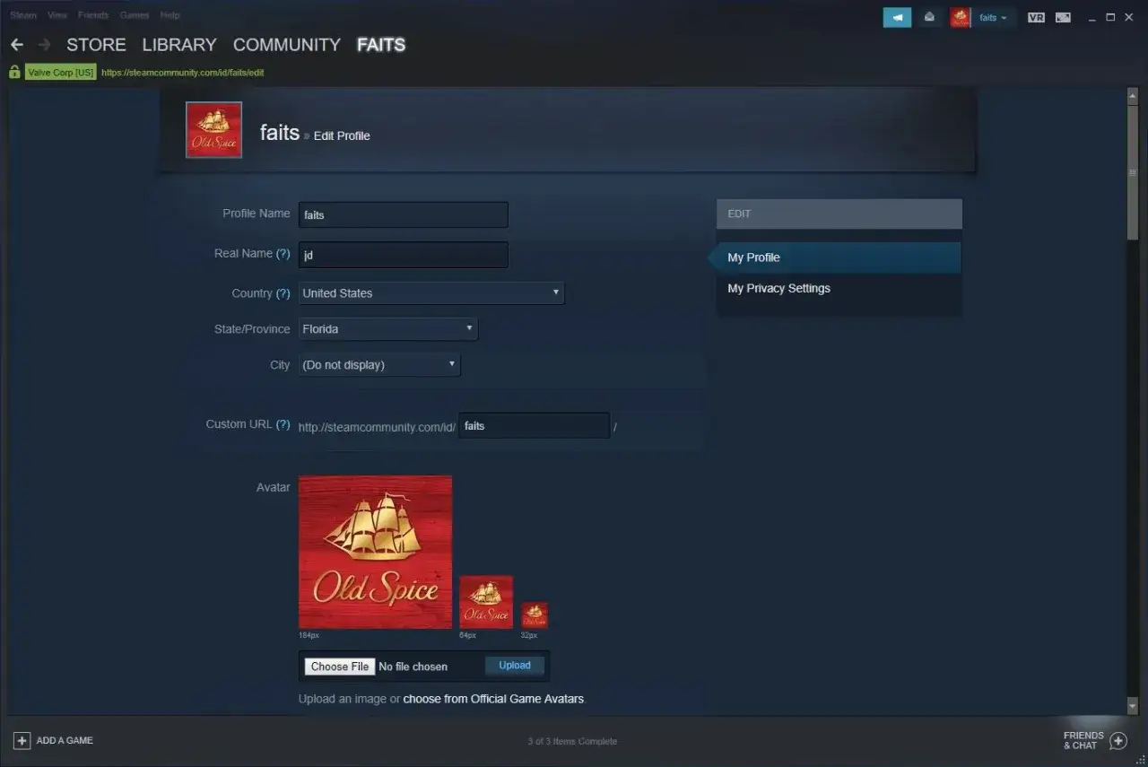 Edycja profilu Steam, gdzie można ustawić swój trade url w CS GO skins. Widoczny jest avatar Old Spice i pola do edycji danych.