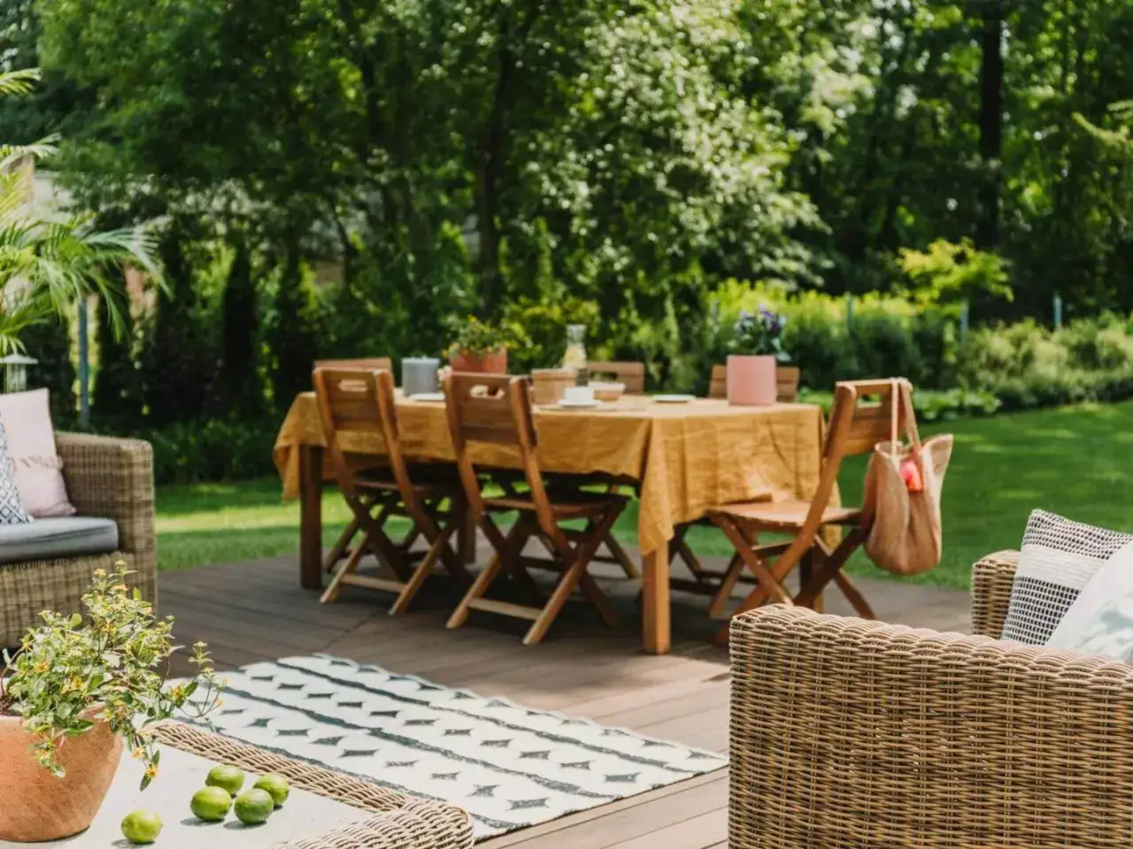 Gemütliche **Terrasse gestalten**: Holztisch mit gelber Decke, Stühle, Rattansofas und Teppich laden zum Verweilen ein.