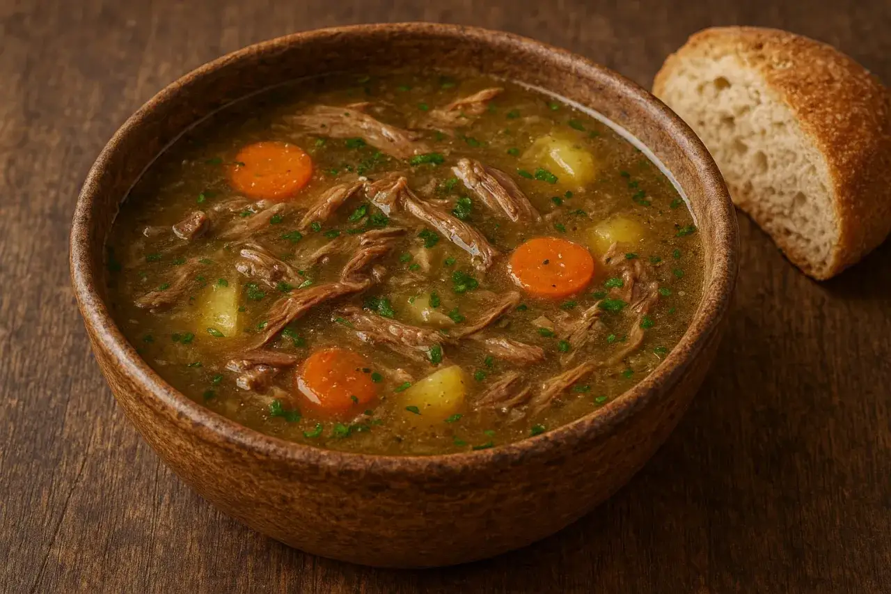 Un bol de soupe r&eacute;confortante avec des morceaux de b&oelig;uf effiloch&eacute;, des carottes et des pommes de terre. Une tranche de pain rustique accompagne cette recette soupe.