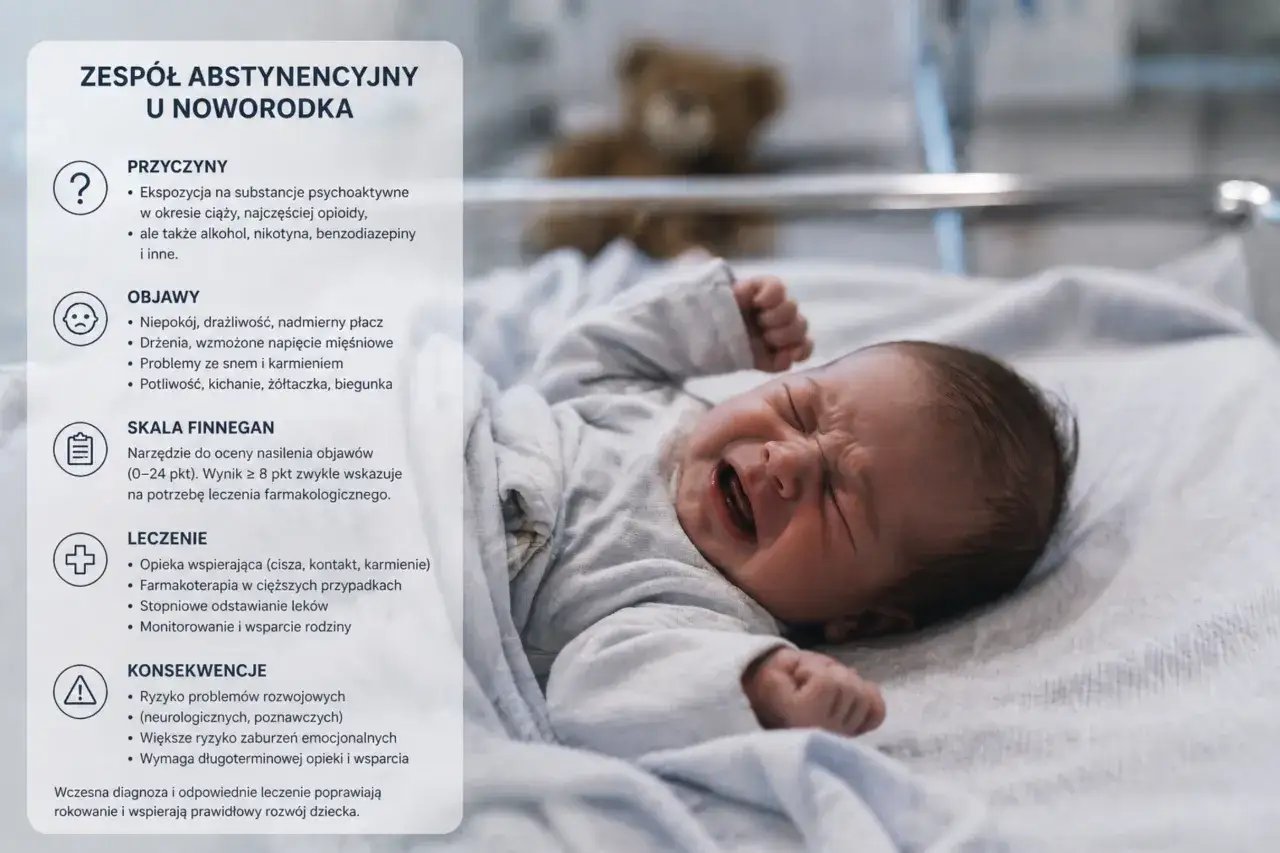 Płaczący noworodek w łóżeczku, z informacjami o zespole abstynencyjnym u noworodka, jego przyczynach, objawach i leczeniu.