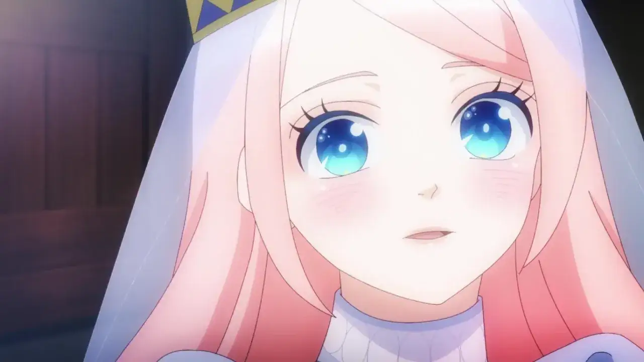 Nina, die Sternenbraut, mit ihren leuchtend blauen Augen und rosa Haaren, blickt erwartungsvoll in die Ferne.