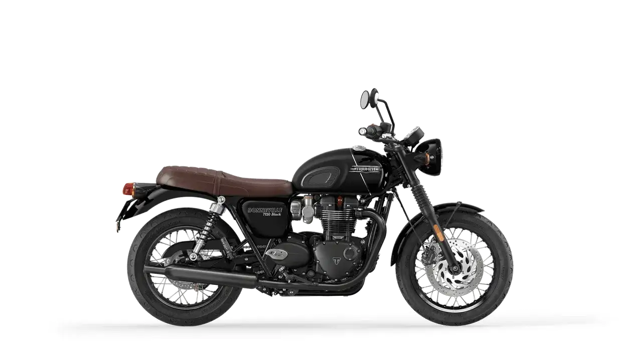 Czarny motocykl Triumph Bonneville T120 Black. Klasyczne linie, brązowe siodło. Idealny dla miłośników stare motory nazwy.