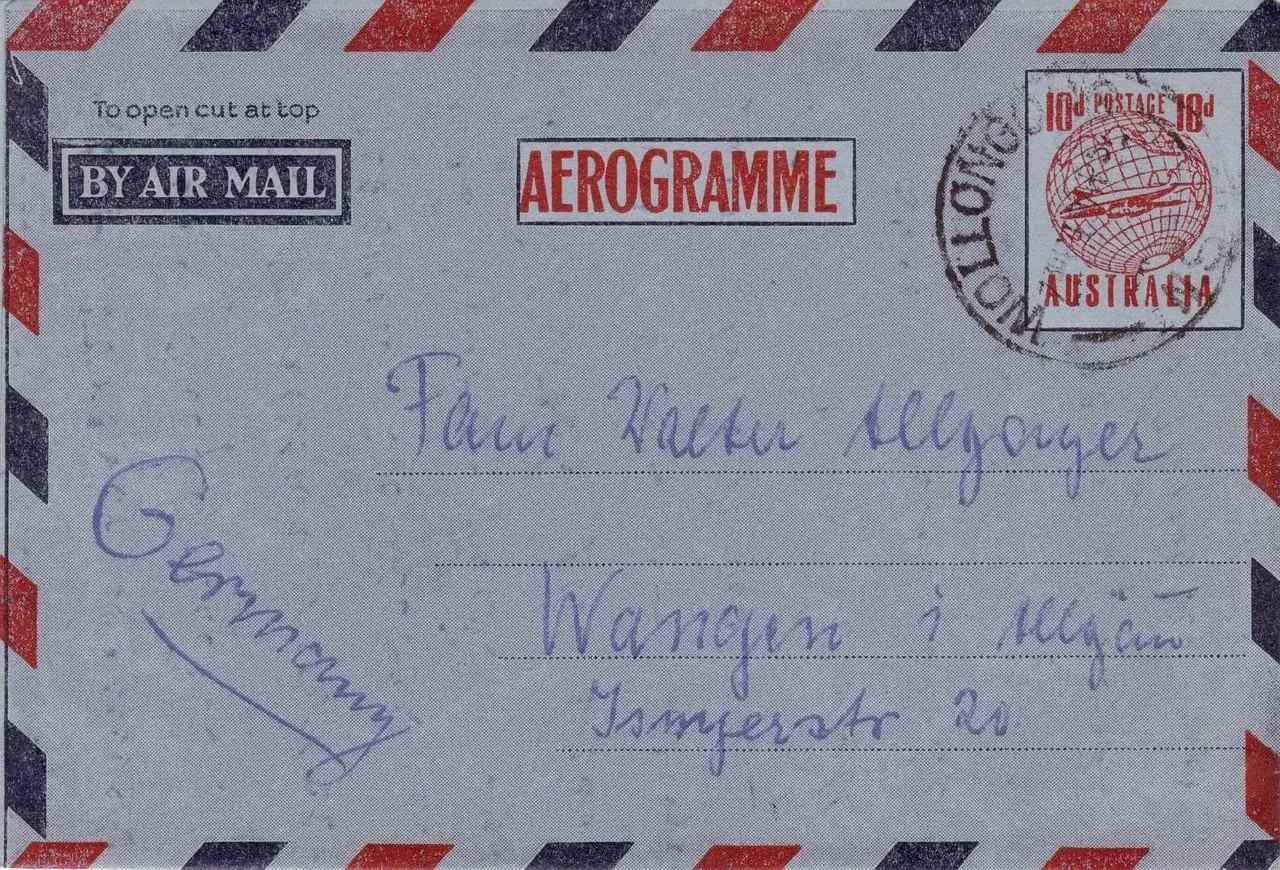 Aerogram do Niemiec. Adres: Fam. Vacker, Wangen i Allgäu, Isnyerstr. 20. Stempel pocztowy z Australii.