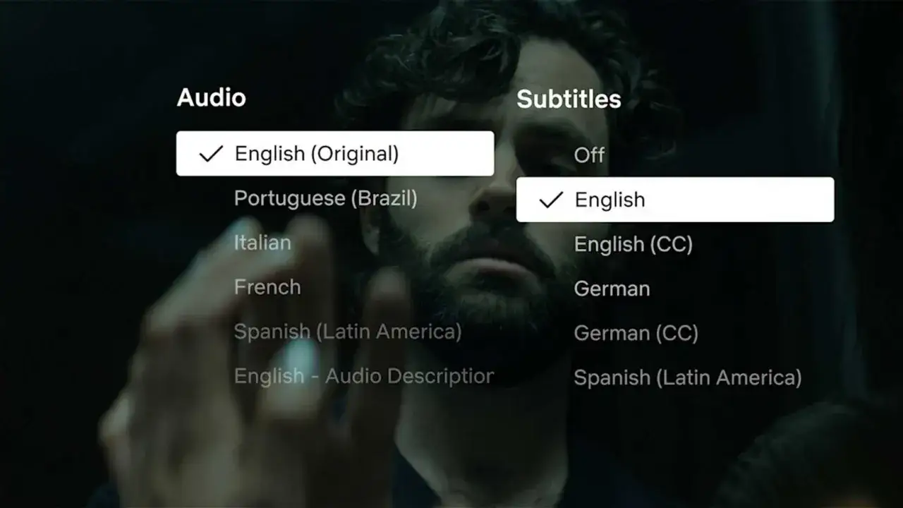 Schermo di impostazioni audio e sottotitoli: audio in inglese originale, sottotitoli in inglese.