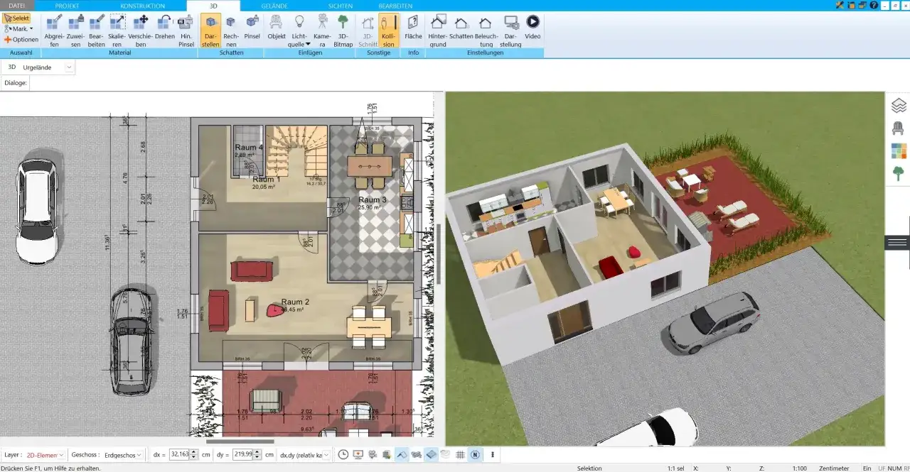 Ein 3D-Modell eines Hauses mit Grundriss und Garten. Man kann sehen, wie man ein Dach zeichnen kann.