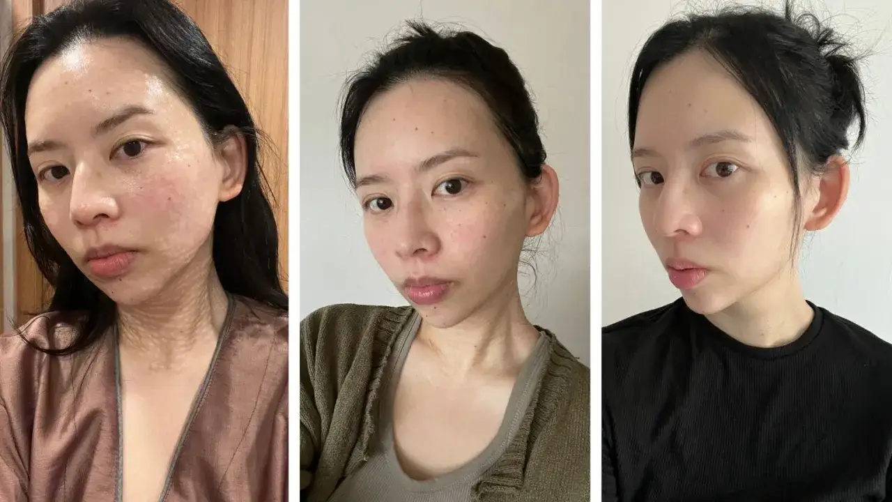 Tres retratos de una mujer. En el primero, su piel tiene un tono blanquecino y texturizado, como si usara un producto con semen de salmón. Los otros dos muestran su piel más clara y uniforme.