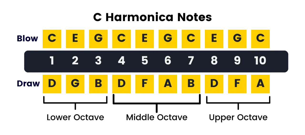 Taby na harmonijkę C: nuty dmuchane (Blow) C, E, G, C, E, G, C, E, G, C; nuty zaciągane (Draw) D, G, B, D, F, A, B, D, F, A.