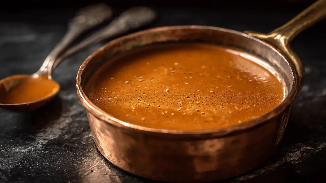 Une louche en cuivre remplie d'une sauce am&eacute;ricaine onctueuse, pr&ecirc;te &agrave; &ecirc;tre servie.
