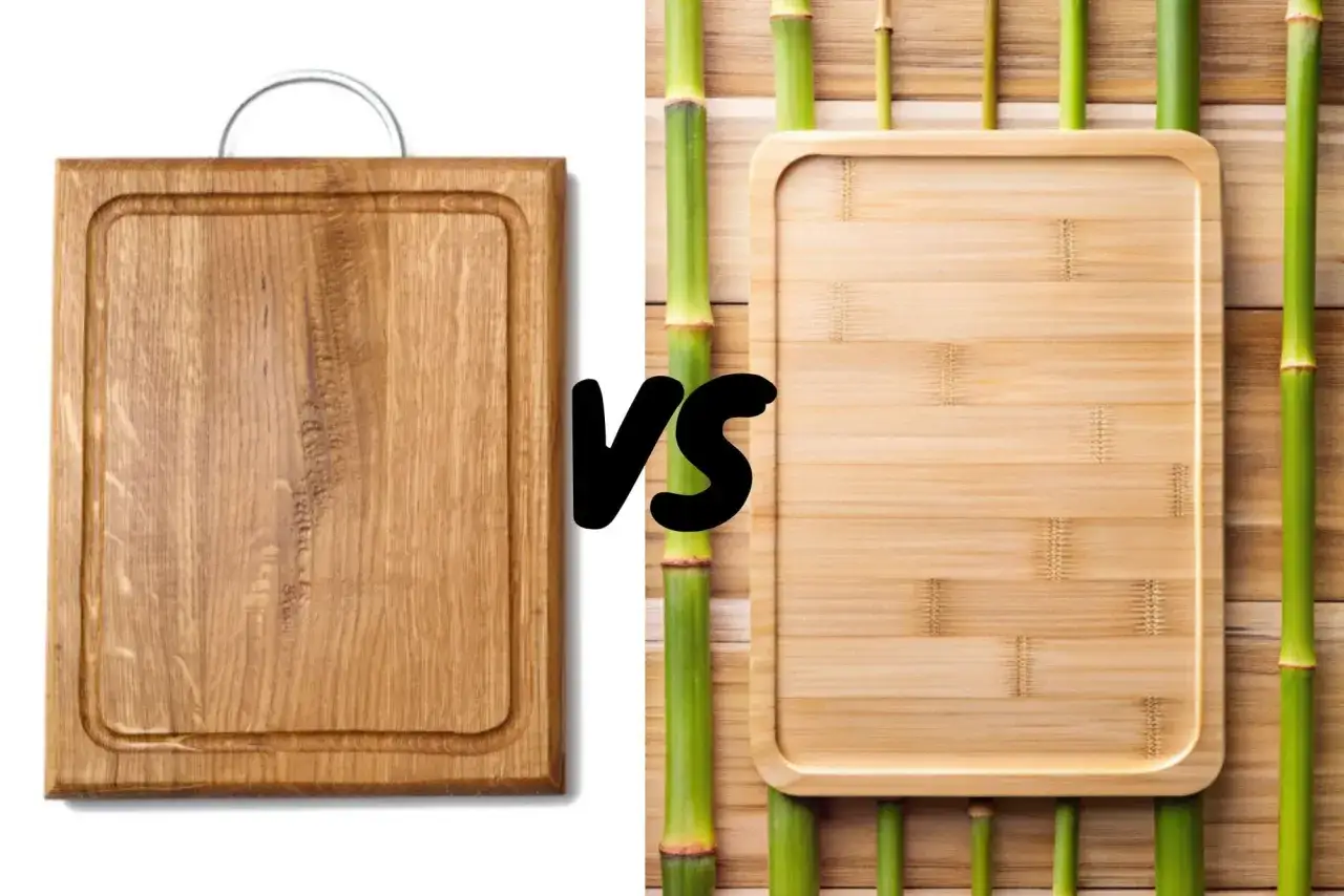 Comparing acacia wood vs bamboo cutting boards. One is a sturdy, classic wooden board, the other a lighter, eco-friendly bamboo option.