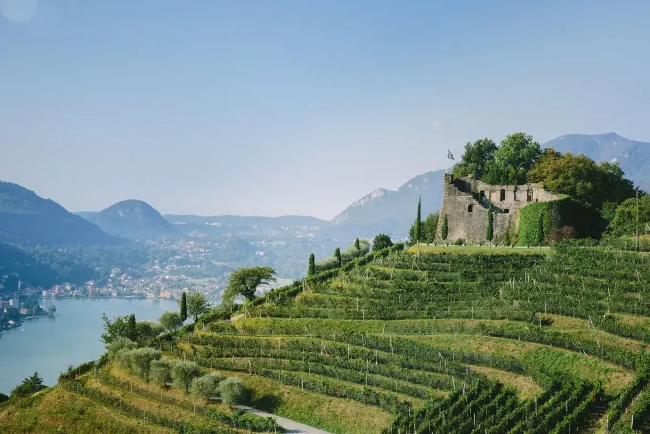 Das Castello di Morcote thront &uuml;ber terrassierten Weinbergen mit Blick auf einen See und eine Stadt in der Ferne.