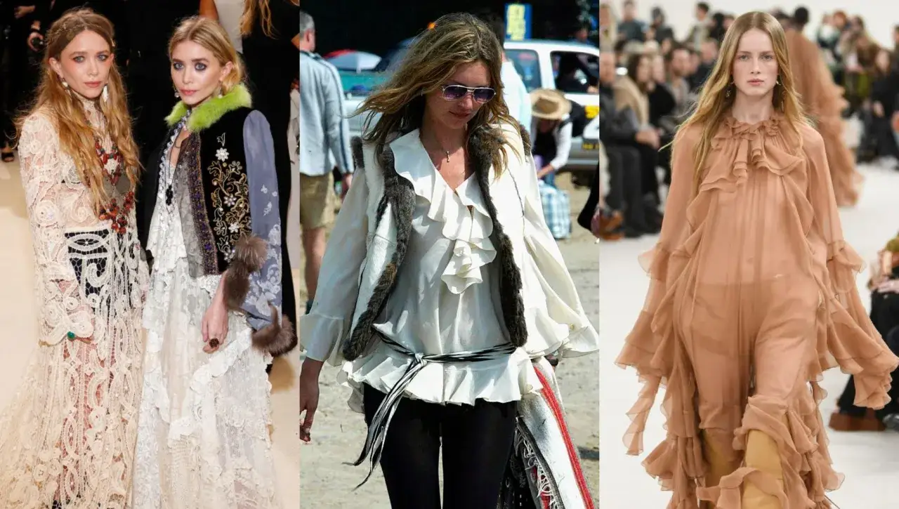 Siostry Olsen w koronkowych kreacjach, Kate Moss w zwiewnej bluzce i futrzanej kamizelce, modelka na wybiegu w beżowej sukni z falbanami – wszystkie w stylu hipiski.
