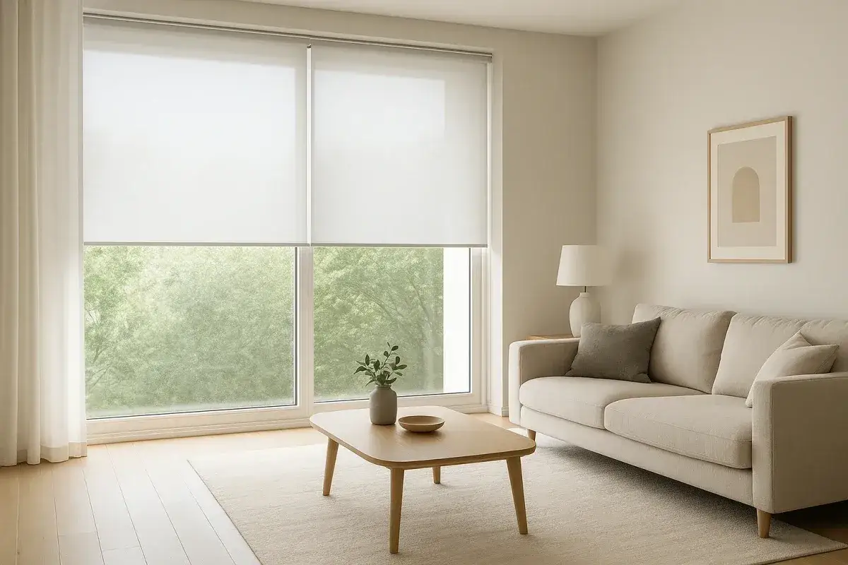 Sof&aacute; beige junto a ventana con cortinas de tejido screen que filtran la luz, mesa de centro de madera y alfombra.