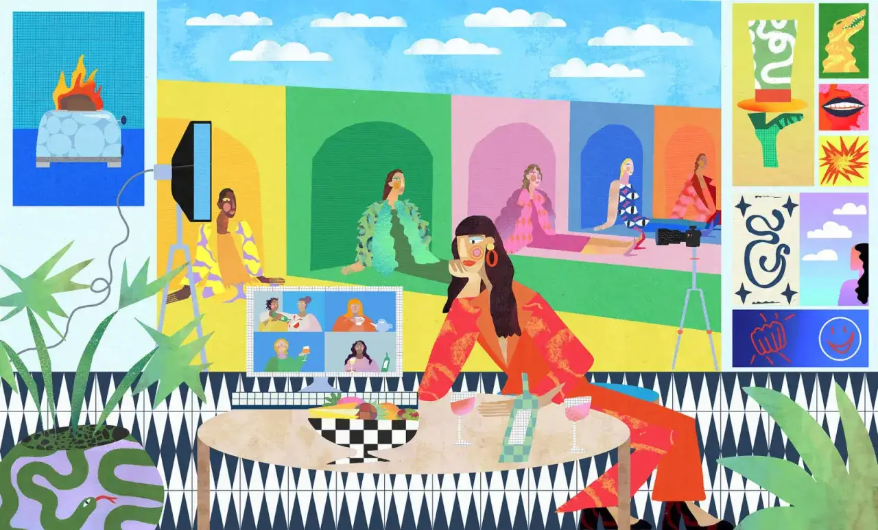 Jessica Walsh's most famous work: a vibrant illustration of women connecting virtually, with a burning toaster and a snake plant adding surreal touches.