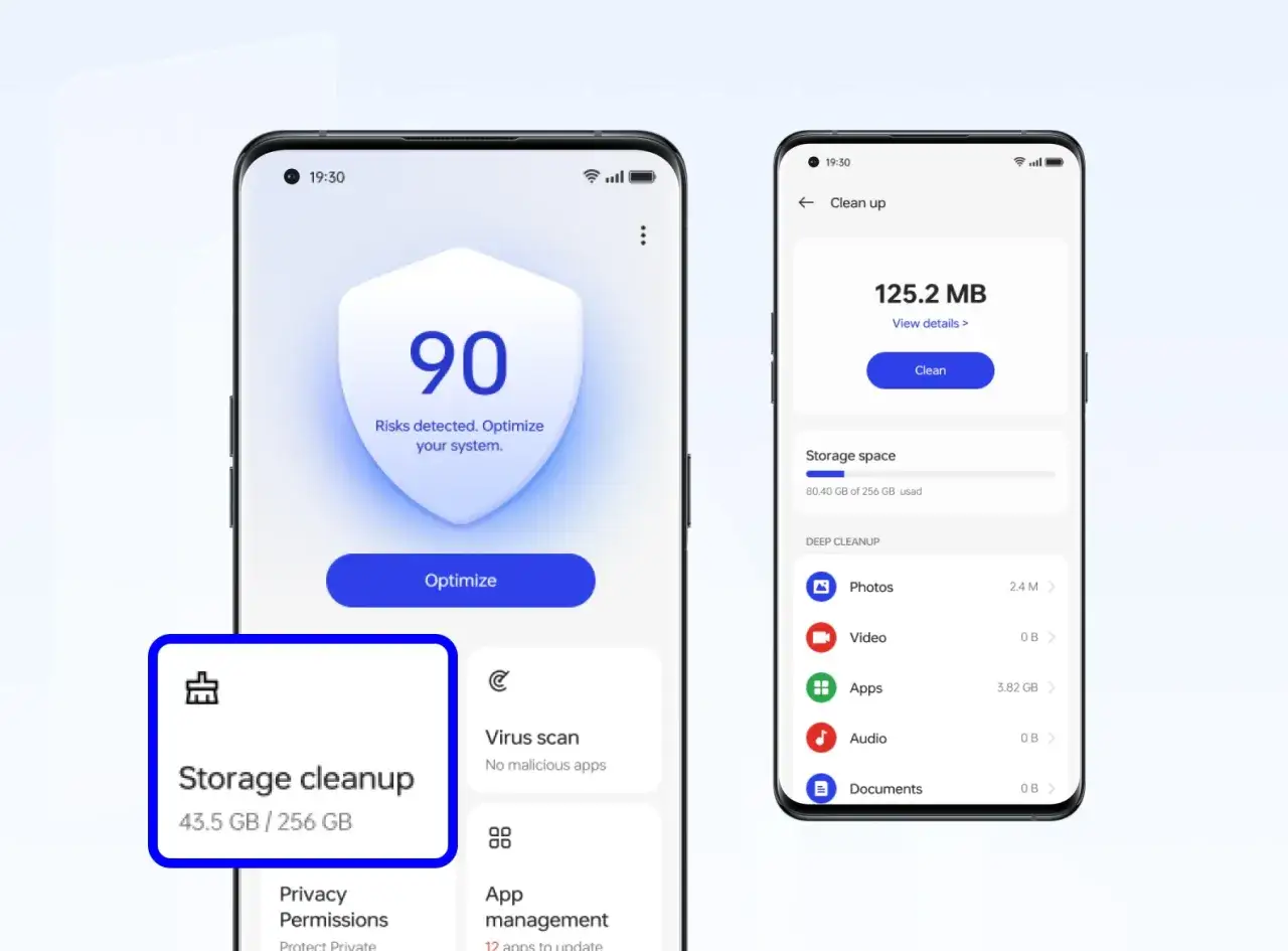 Zwei Smartphones zeigen eine App zur Speicherbereinigung. Sie hilft, unn&ouml;tige Apps und Daten zu l&ouml;schen, um Speicherplatz freizugeben.