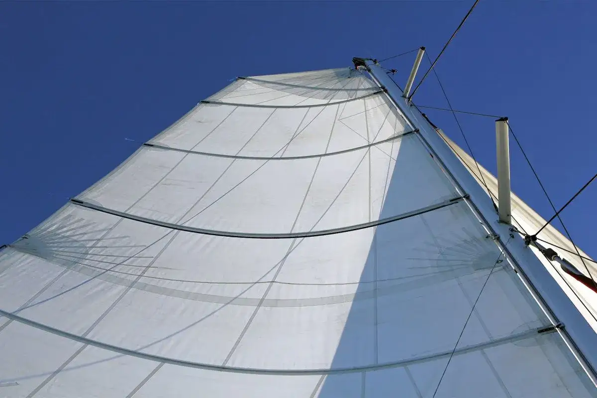 Vela bianca randa full batten contro il cielo blu, con stecche visibili e cavi.