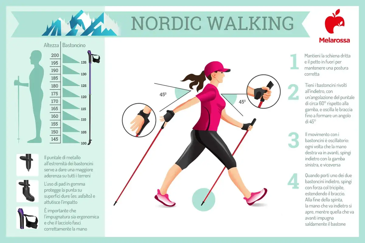 Guida alla nordic walking tecnica: postura corretta, movimento oscillatorio delle braccia e uso dei bastoncini per un allenamento completo.