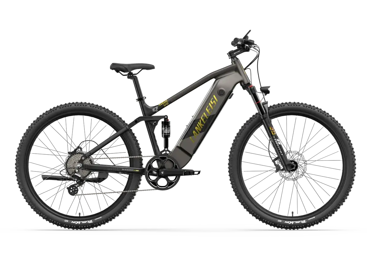 Graues E-Bike mit Vollfederung und dem Schriftzug 