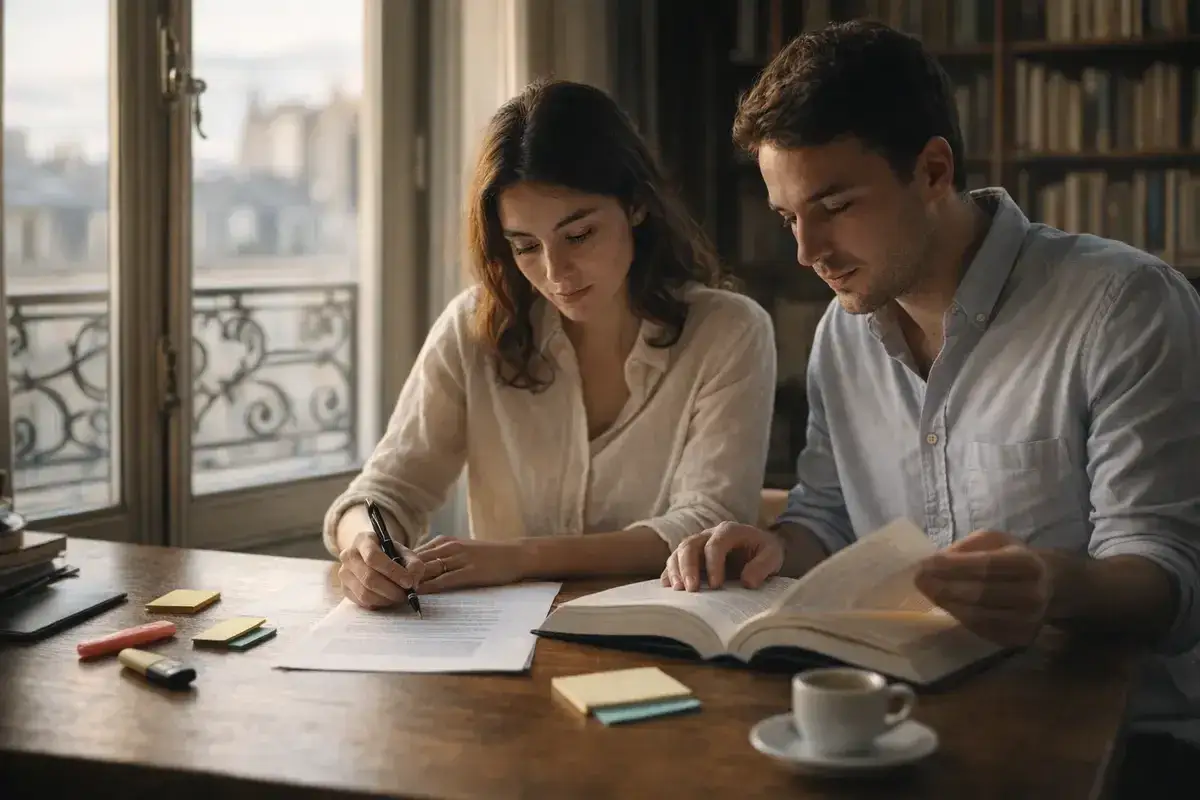 Un couple &eacute;tudie ensemble, elle &eacute;crit, lui lit. Le dit est dans l'air, entre les pages et les mots.