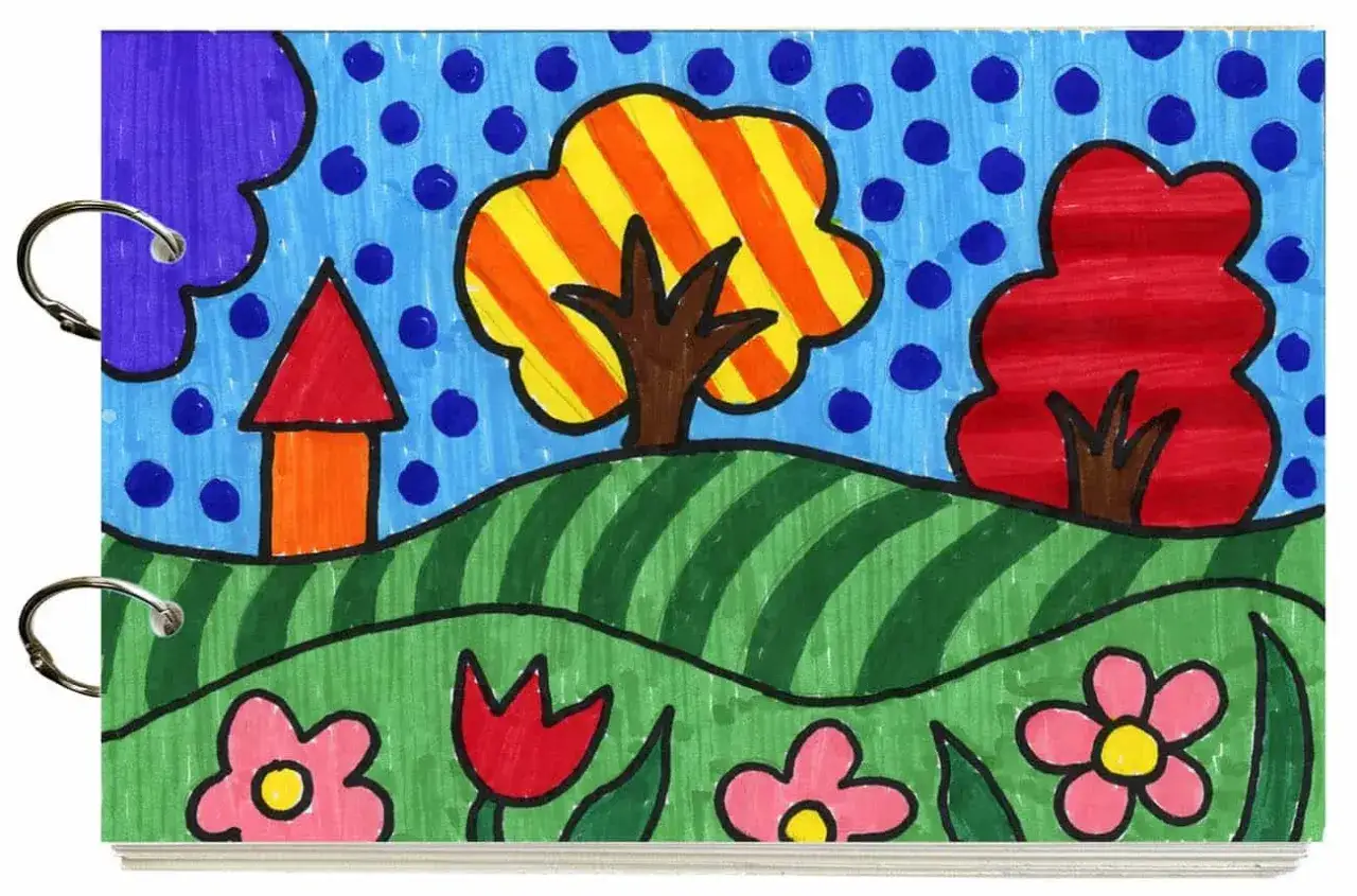 Bunte Landschaft mit Haus, B&auml;umen und Blumen im Stil des Pop Art Kunstunterrichts.