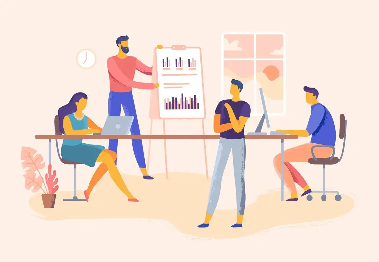 Team collaborating on a presentation, showcasing organizational agility. A woman works on a laptop, a man presents charts, and two others observe.