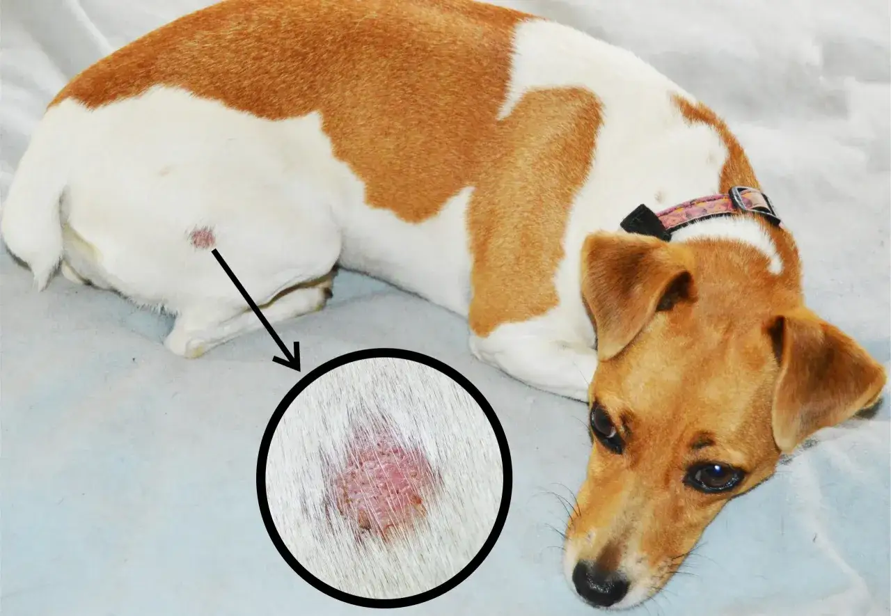 Perro con una lesión cutánea, posiblemente tiña en perros, ampliada en un círculo.