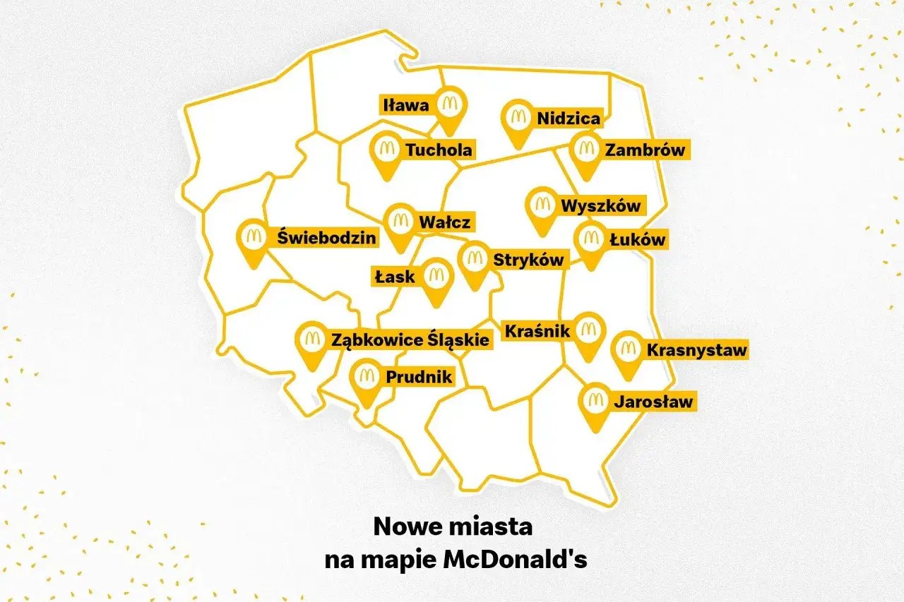 Mapa Polski z zaznaczonymi nowymi miastami, gdzie otwierają się McDonald's. Sprawdź, ile jest McDonaldów w Polsce!