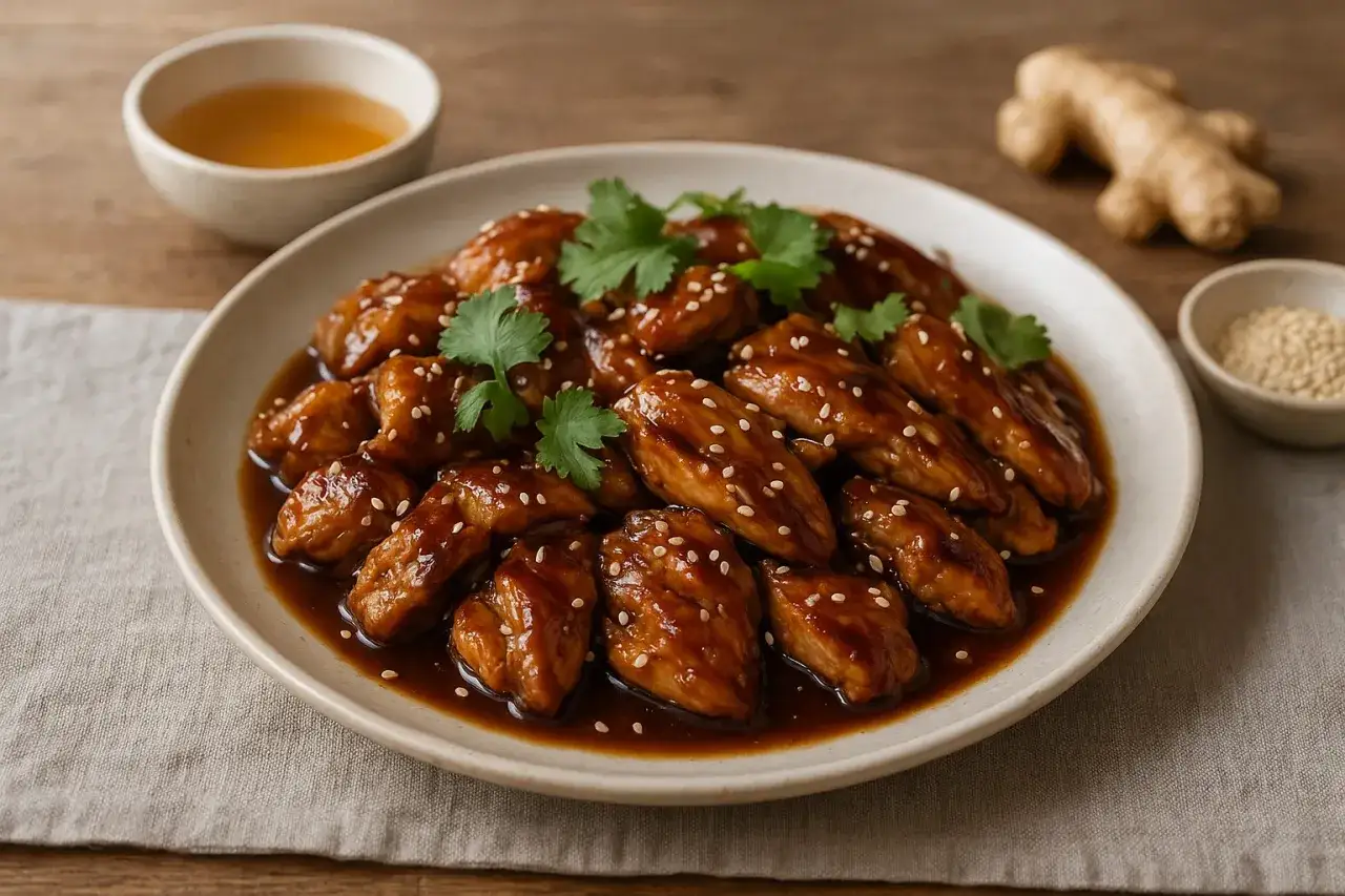 En tallrik med saftiga kycklingspett teriyaki, glaserade i en mörk sås och toppade med sesamfrön och koriander.