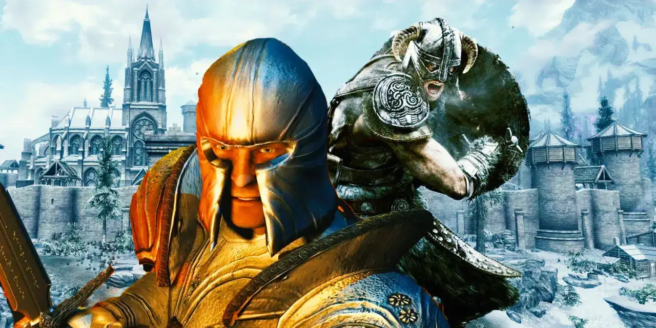 Dwóch wojowników w zbrojach na tle zimowego miasta i zamku. To może być zapowiedź najlepszych modów do Skyrim, które odmienią rozgrywkę.