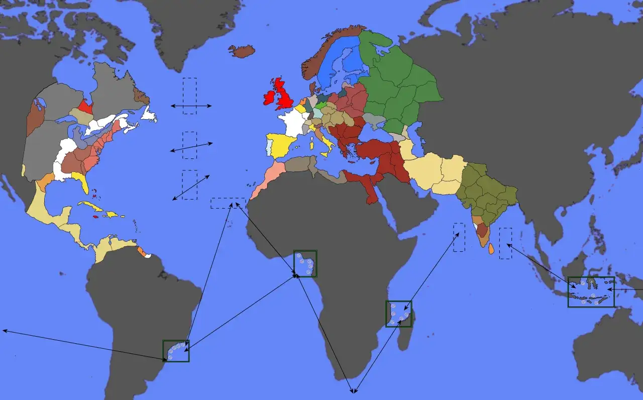 Mapa świata z zaznaczonymi terytoriami, przypominająca rozgrywkę w grze **Empire Total War**. Kolory oznaczają różne państwa i ich wpływy.