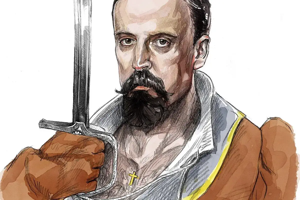 Portret mężczyzny z wąsami i brodą, trzymającego miecz. Ilustracja oddaje ducha mitologizacji w literaturze, ukazując postać jak z legend.