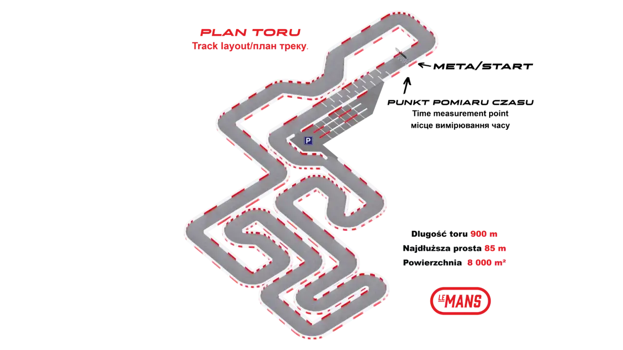 Plan toru kartingowego Le Mans. Widać zakręty, prostą startową i metę. Długość 900 m.