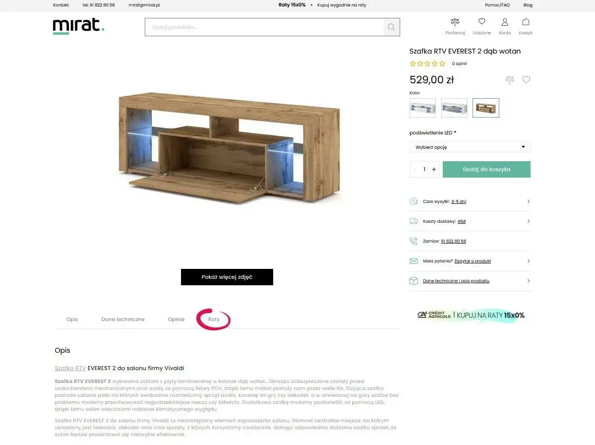Szafka RTV EVEREST 2 w kolorze dąb wotan, idealna do salonu. Sprawdź wygodne raty 15x0% na zakup tego mebla.