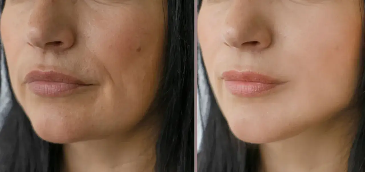 Comparaison avant/après : le sillon nasogénien est moins marqué, la peau est plus lisse et le visage semble rajeuni.