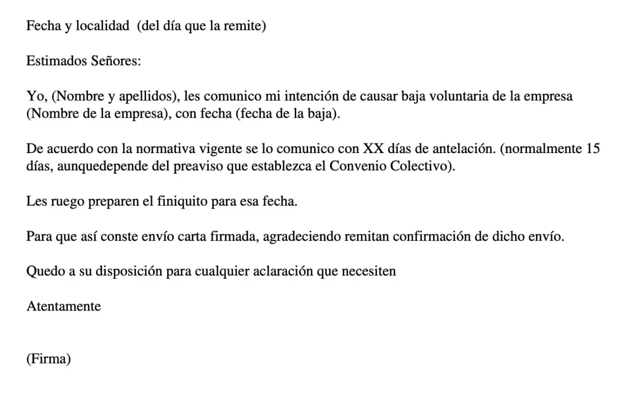Carta comunicando la intenci&oacute;n de causar baja voluntaria en la empresa, solicitando la preparaci&oacute;n del finiquito.