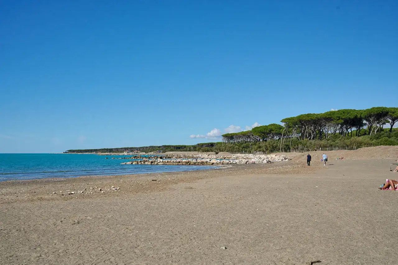 Spiaggia di Cecina, cosa vedere: pineta rigogliosa, mare azzurro e rocce frangiflutti. Passeggiata tranquilla con poche persone.