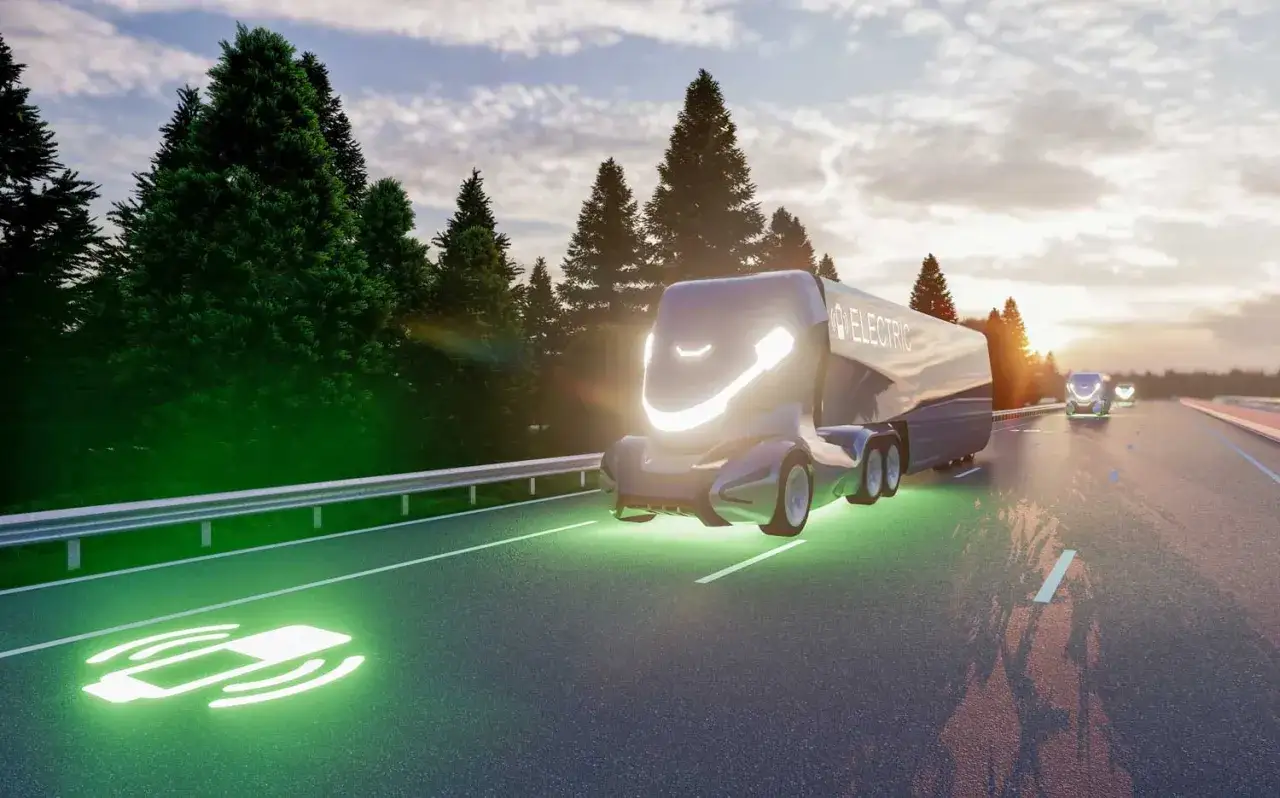 Camions électriques futuristes sur une autoroute, se rechargeant en roulant grâce à des pistes lumineuses.