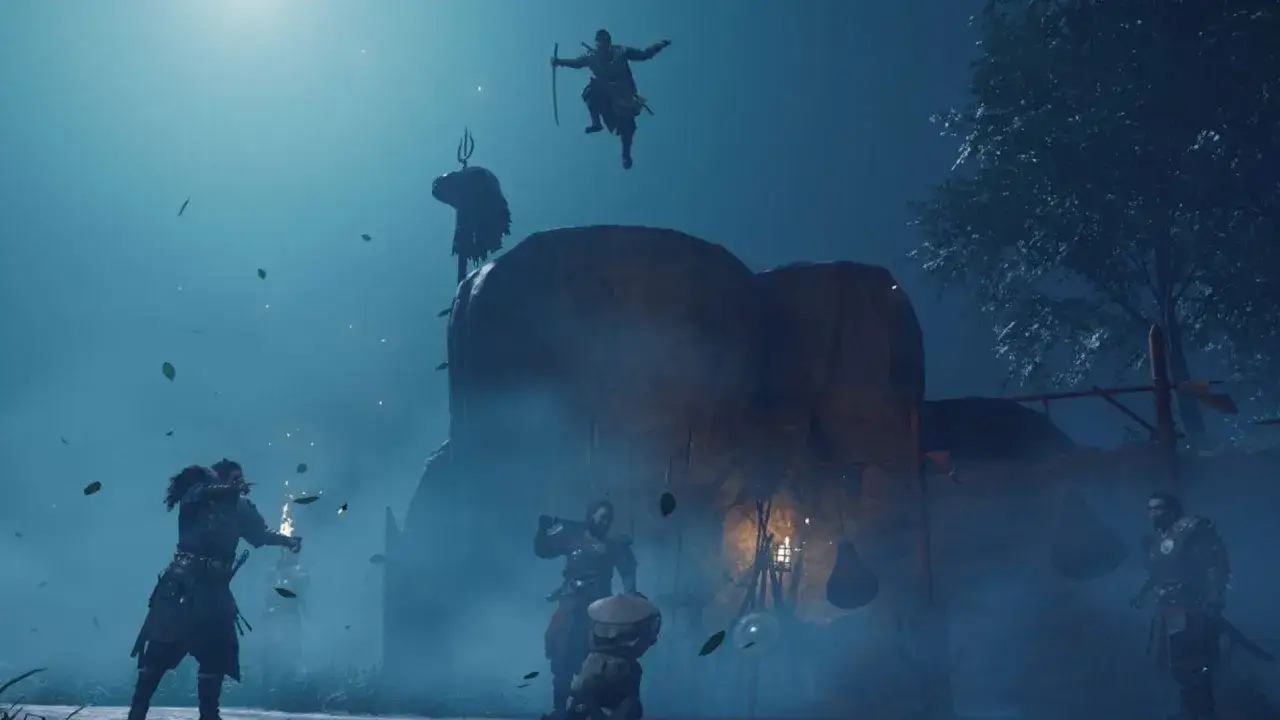 Un guerrero salta en el aire, mientras otros luchan en este momento &eacute;pico de Ghost of Tsushima.