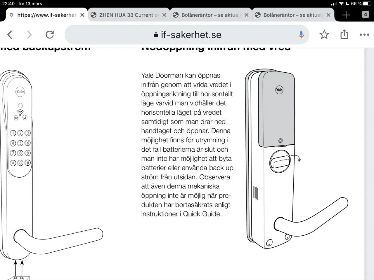 Illustration av Yale Doorman. Beskriver hur man &ouml;ppnar d&ouml;rren inifr&aring;n vid str&ouml;mavbrott, samt hur man kan byta batteri.