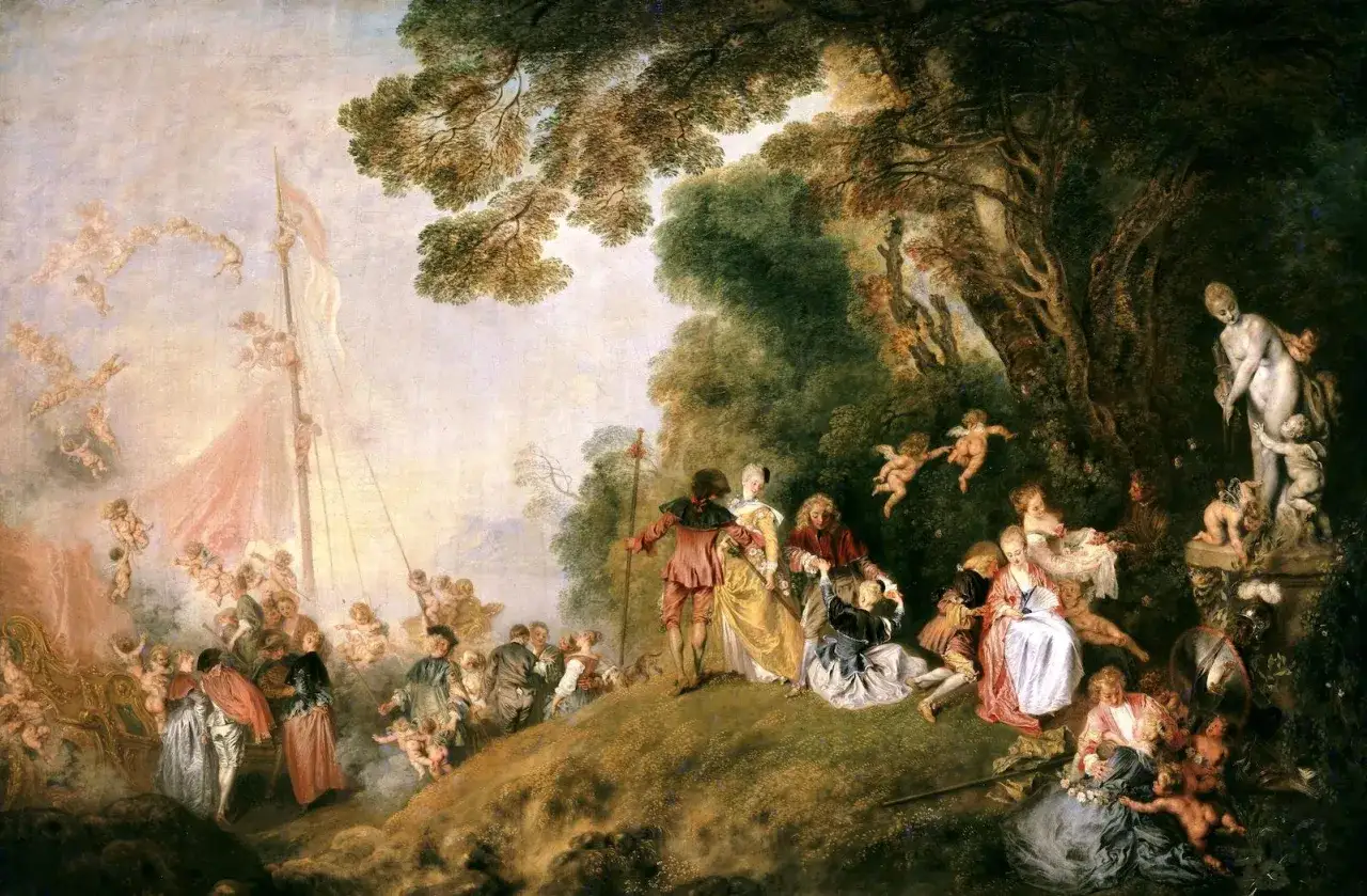 Scena w stylu rokoko: grupa ludzi w barwnych strojach, amorki i łódź pod żaglami na tle nieba i drzew.