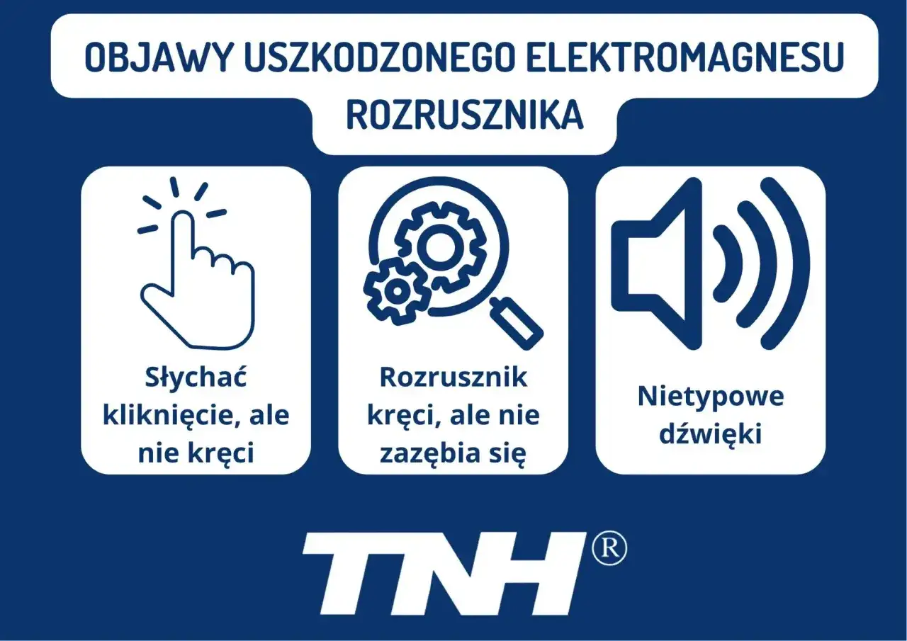Objawy uszkodzonego elektromagnesu rozrusznika: słychać kliknięcie, ale nie kręci; kręci, ale nie zazębia się; nietypowe dźwięki.